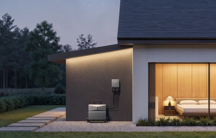 E10 power module and one battery on a trolley, with a separate Smart Inlet Box beside a modern home at dusk